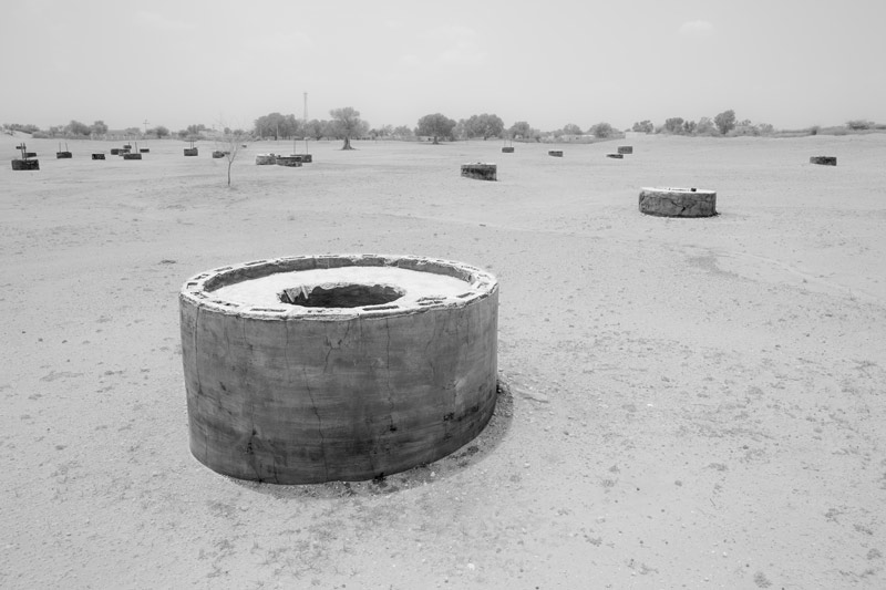A view of the 'kuiyan' (shallow wells) spread over the large 'paitan' (catchment) close to the village settlement - village Binjharwali, Bikaner district, Rajasthan
